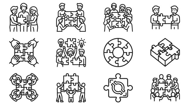 Teamwork puzzle icons: collaboration, connection, success, problem solving, strategy, unity