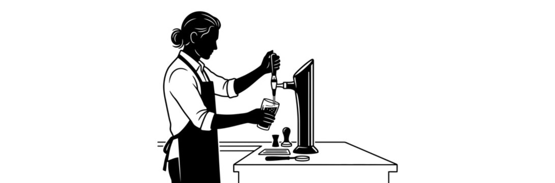 A black and white illustration of a bartender pouring a draft beer into a glass.
