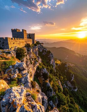 Ancient castle perched on a rocky cliff during a dramatic sunset.