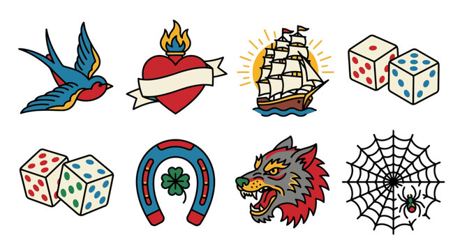 Traditional tattoo flash set with classic maritime and gambling motifs.