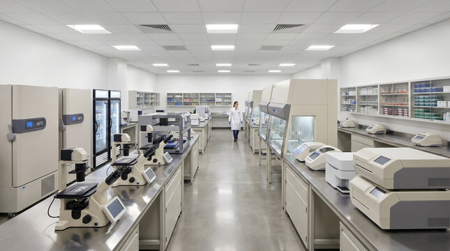 Modern genetics laboratory interior for CRISPR therapy research operations