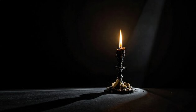 Single lit candle in darkness shines.