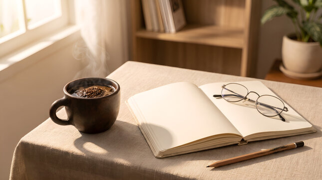 Traditional Indonesian kopi tubruk in a calm workspace. Ideal for productivity themes, editorial publishing, caf&eacute; advertising, and lifestyle branding.