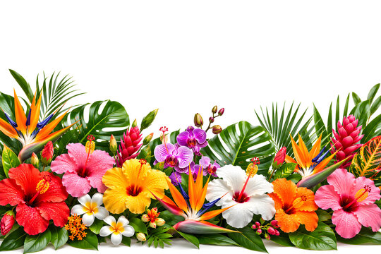 Tropical floral border with hibiscus and bird of paradise, exotic jungle foliage arrangement, summer garden flowers