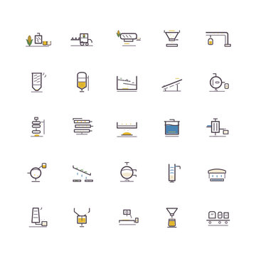 Corn processing and milling line icon set