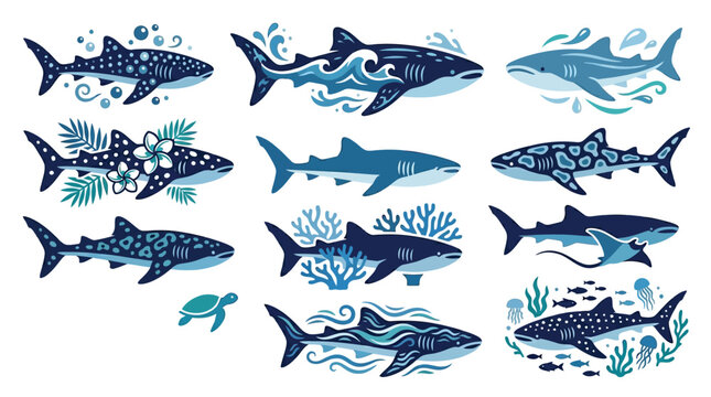 Collection of stylized sharks and marine life in various artistic designs and patterns.
