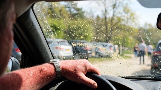 View from inside a car as a driver travels along a wet road with raindrops on the windshield and a pedestrian visible ahead. Suitable for rainy weather driving, road safety, reduced visibility and acc