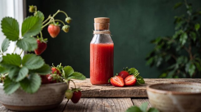 Fresh strawberry smoothie served in a glass bottle beside ripe strawberries and a potted strawberry plant on a rustic wooden table. Suitable for healthy drinks, breakfast, summer beverages, natural fo
