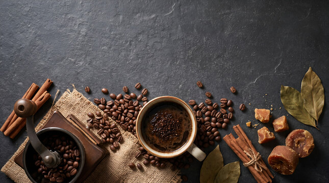 Overhead composition of authentic kopi tubruk and traditional coffee elements for publishing, caf&eacute; branding, tourism, and food advertising.
