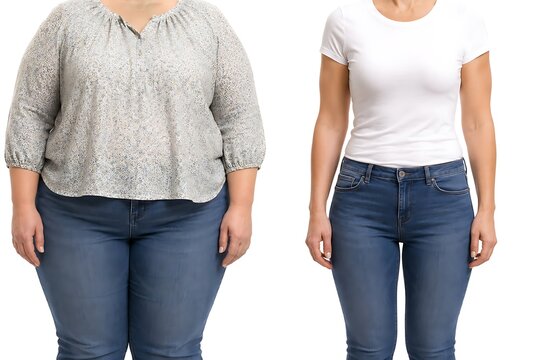 Woman body transformation before and after weight loss concept isolated on white background