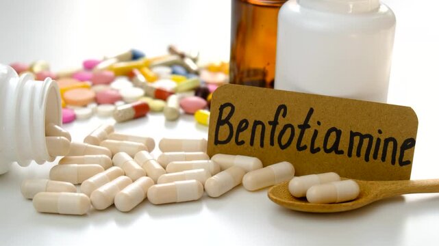 Benfotiamine capsules and vitamin supplements. Selective focus.