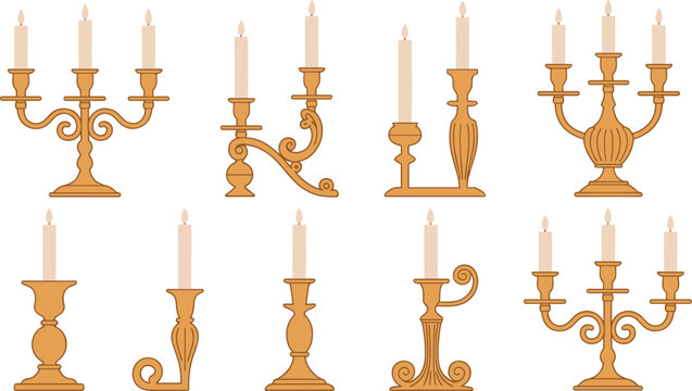 Vintage golden candlesticks and ornate candelabras collection featuring burning wax candles for classical interior design