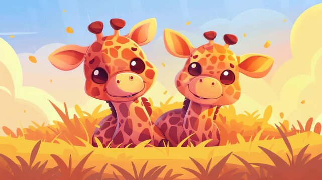 Adorable Giraffe Duo in Autumn Grass: Two cute, cartoon-style giraffes with big eyes and characteristic spotted patterns are nestled together in tall, golden autumn grass, under a soft, warm sky.