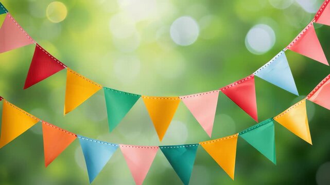 Colorful Bunting in Bloom: Vibrant triangular flags in a spectrum of cheerful colors stretch across a blurred background of lush green foliage and soft bokeh lights.