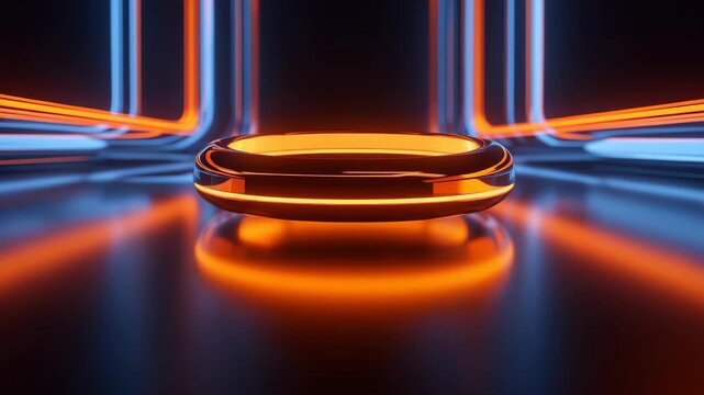 Futuristic Podium with Neon Lights: An illuminated, futuristic podium glows with vibrant orange and blue neon lights, set against a dark, reflective background.