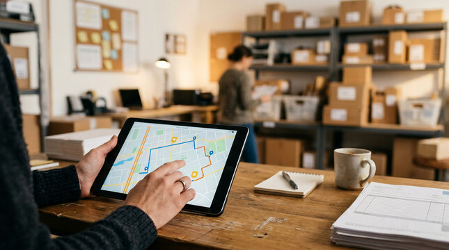 Small business owner tracking delivery route on digital tablet at wooden desk in warehouse office with coworker packing boxes on shelves in background for ecommerce shipping logistics.