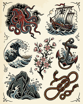 Nautical Japanese tattoo flash with octopus and ship.