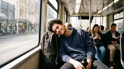 Fototapeta premium Man sleeping on public bus during commute in city