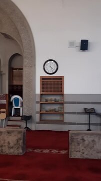 Interior view of the historic Masjid al Jummah prayer hall in Medina Saudi Arabia.
