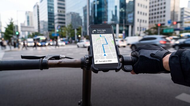 Cyclist using GPS navigation map on smartphone in city