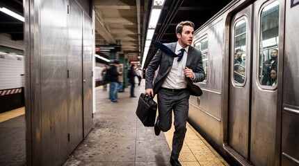 Fototapeta premium Businessman Running on Subway Platform with Briefcase