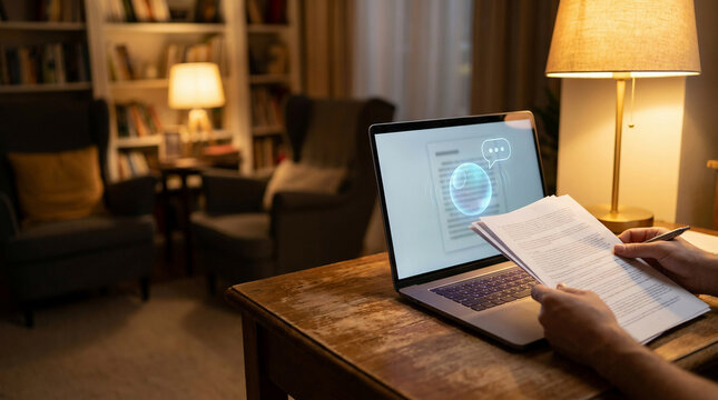 A person working from home at night analyzing financial documents and charts on a laptop screen under the warm light of a desk lamp in a cozy living room library setting indoors evening.