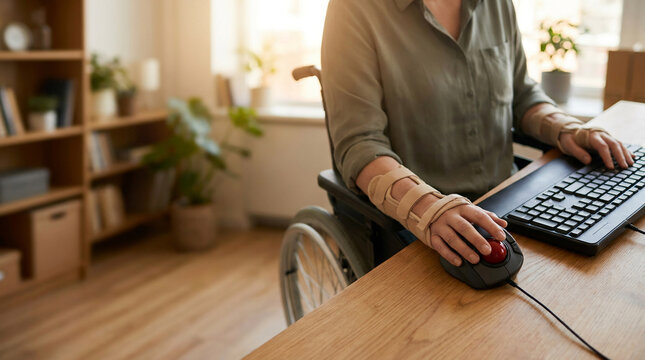 Disabled person in wheelchair using assistive trackball mouse and keyboard at wooden desk inside cozy home office environment with plants in background promoting digital accessibility.