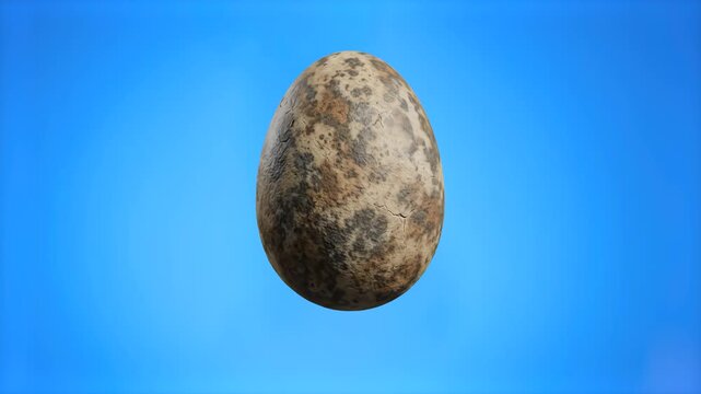 A detailed 3D model of a speckled natural bird egg standing upright, isolated against a light blue studio backdrop. Perfect for nature documentaries, easter seasonal graphics, ornithology educational 