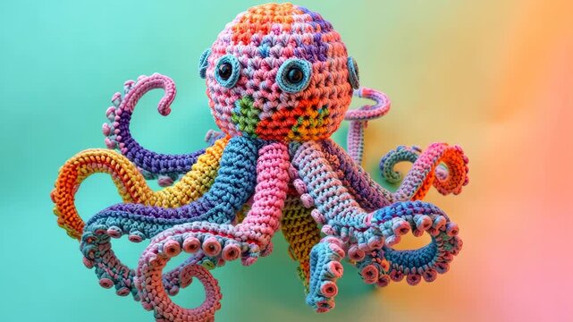 Handmade Rainbow Crochet Octopus: A vibrantly colored, handmade crochet octopus with intricate detail and playful tentacles, set against a gradient background.