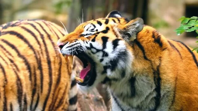 Bengal tiger yawning and stretching in forest habitat