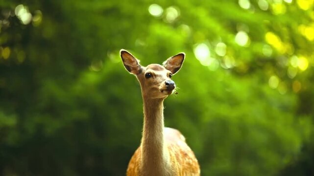 Cute sika deer looking at camera in lush green forest background