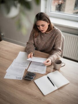 Woman reviewing bills and calculating monthly household expenses with a calculator at home. Suitable for personal finance, family budgeting, cost of living, utility payments and financial planning con