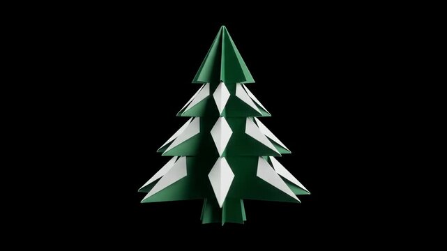 High-contrast 3D render of a geometric paper origami Christmas tree, isolated against a solid pitch-black background. Great for modern holiday teasers, elegant Christmas promo videos, high-contrast VF