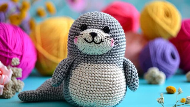 Crocheted Seal Toy with Yarn: A charming crocheted seal plush toy sits among colorful balls of yarn, creating a whimsical and crafty scene perfect for hobbyists and crafters.