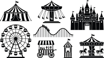 Amusement park silhouette vector icon set featuring black ferris wheel circus tent roller coaster castle and carousel horse elements © Utpal