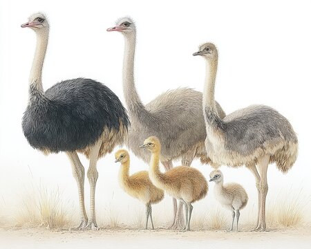 Common Ostrich Family with Adult Male, Females and Chicks, Watercolor Illustration