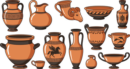 Ancient Greek pottery and terracotta vase vector set featuring traditional amphora krater rhyton kylix handles patterns and pegasus illustration. © Utpal