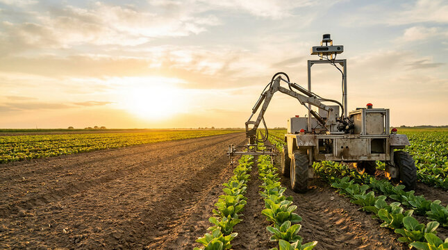 Autonomous agricultural robot working in a green crop field during a beautiful golden sunset representing modern smart farming technology and automated precision agriculture systems.