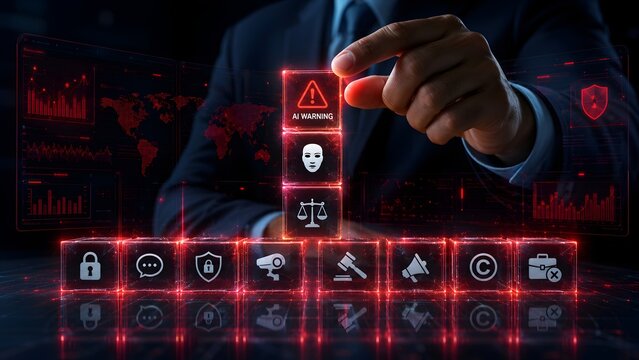 Businessman's hand selects a glowing 'AI Warning' icon, symbolizing critical concerns about artificial intelligence ethics, data privacy, societal impact, and future technological risks.