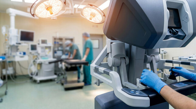 Surgeon operating robotic surgery console in modern hospital theater with advanced medical technology and healthcare professionals working in the background during a complex procedure.
