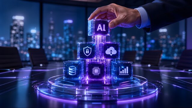Professional hand places a glowing AI cube, establishing a comprehensive digital technology stack including data, cloud, and security. Visionary concept for business innovation.
