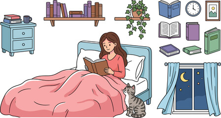 Cozy bedroom vector illustration set featuring a young woman reading in bed at night with her cat window bookshelf elements © Utpal
