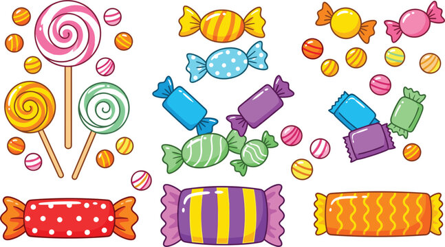Colorful sweet candy vector set featuring swirl lollipops wrapped hard candies caramels and bright sugary treats for children holiday celebration.