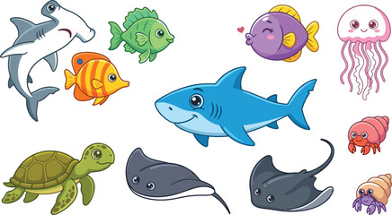 Cute cartoon sea animals vector set with hammerhead shark blue shark sea turtle jellyfish stingray and colorful tropical fish © Utpal