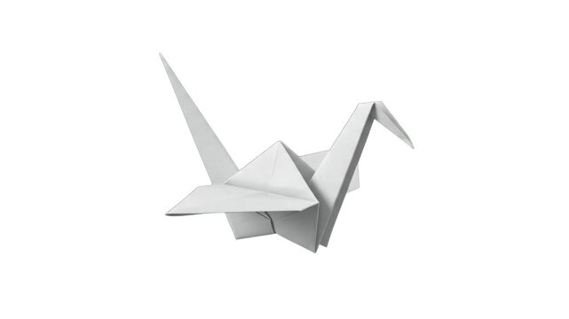 A detailed 3D model of a folded white paper origami crane bird, isolated against a clean white studio backdrop. Designed for minimalist design projects, Japanese art tutorials, papercraft commercials,