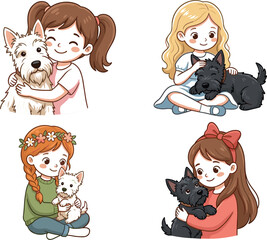 Cute girls with terrier dogs vector cartoon character set featuring little kids hugging white and black puppy pets collection