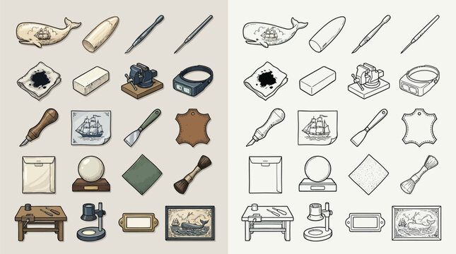 Collection of vintage tools and objects for crafting and hobbies, presented in both color and outline versions.