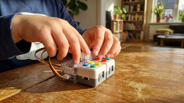 Close up of a child hands assembling and programming a small educational robot toy with colorful buttons and wires on a wooden table in a sunny cozy living room at home during a stem lesson.