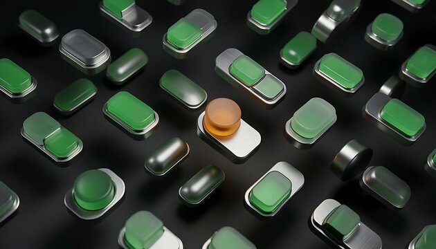 Stand out from the crowd concept with unique orange button among green switches
