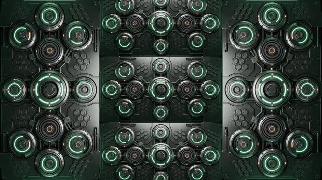A detailed 3D render of a futuristic cybernetic wall structure featuring circular mechanical modules and green light elements. Ideal for science fiction background loops, UI designs, and game environm